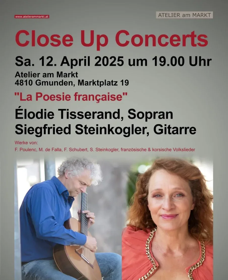 Affiche du concert « La Poésie française » : Élodie Tisserand, soprano, et Siegfried Steinkogler, guitare, à Gmunden.