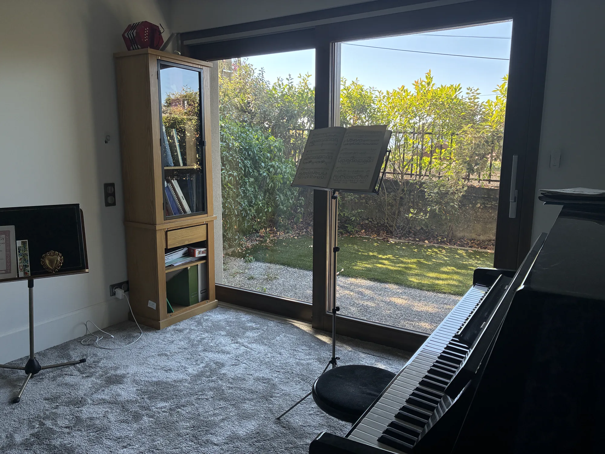 Vue d'ensemble du studio d'Élodie Tisserand : piano, pupitre, bibliothèque et baie vitrée.